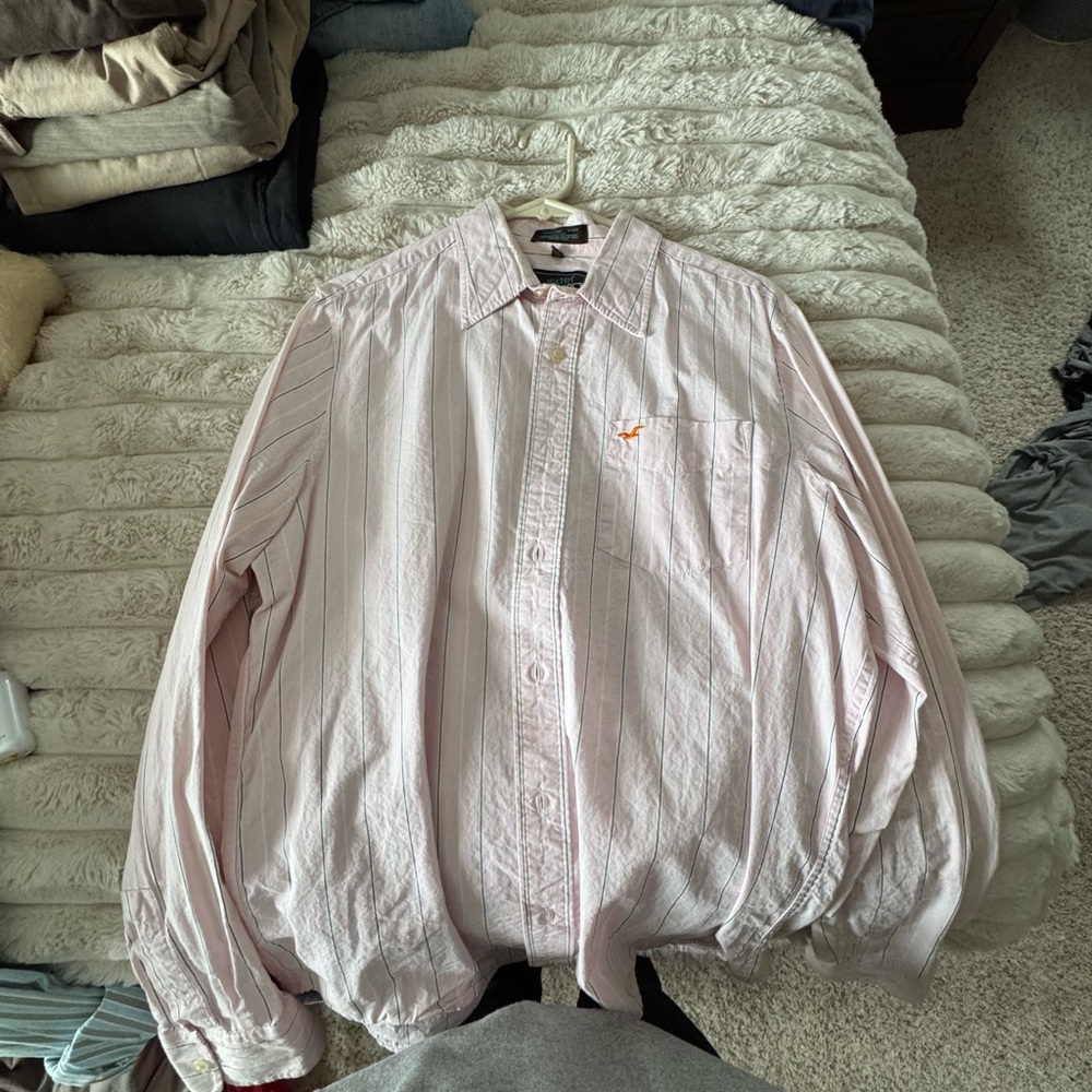 Hollister Light Pink Striped Button-Down Shirt with Orange Logo